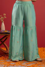 Thumbnail for Juniper Sky Blue Nylon Kurta Sharara And Dupatta Set With Zari, Mirror, Thread & Sequin Embroidery