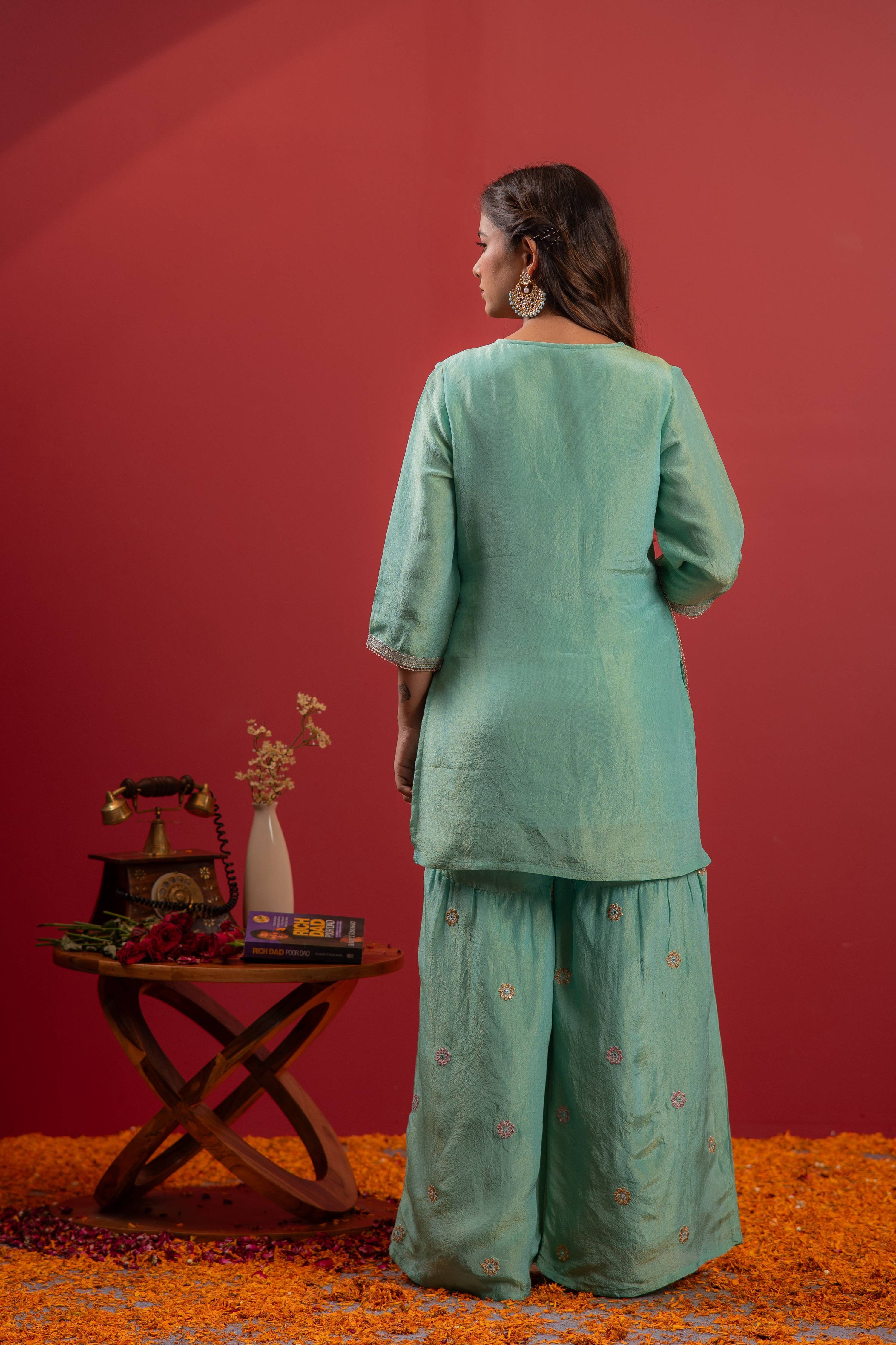 Juniper Sky Blue Nylon Kurta Sharara And Dupatta Set With Zari, Mirror, Thread & Sequin Embroidery