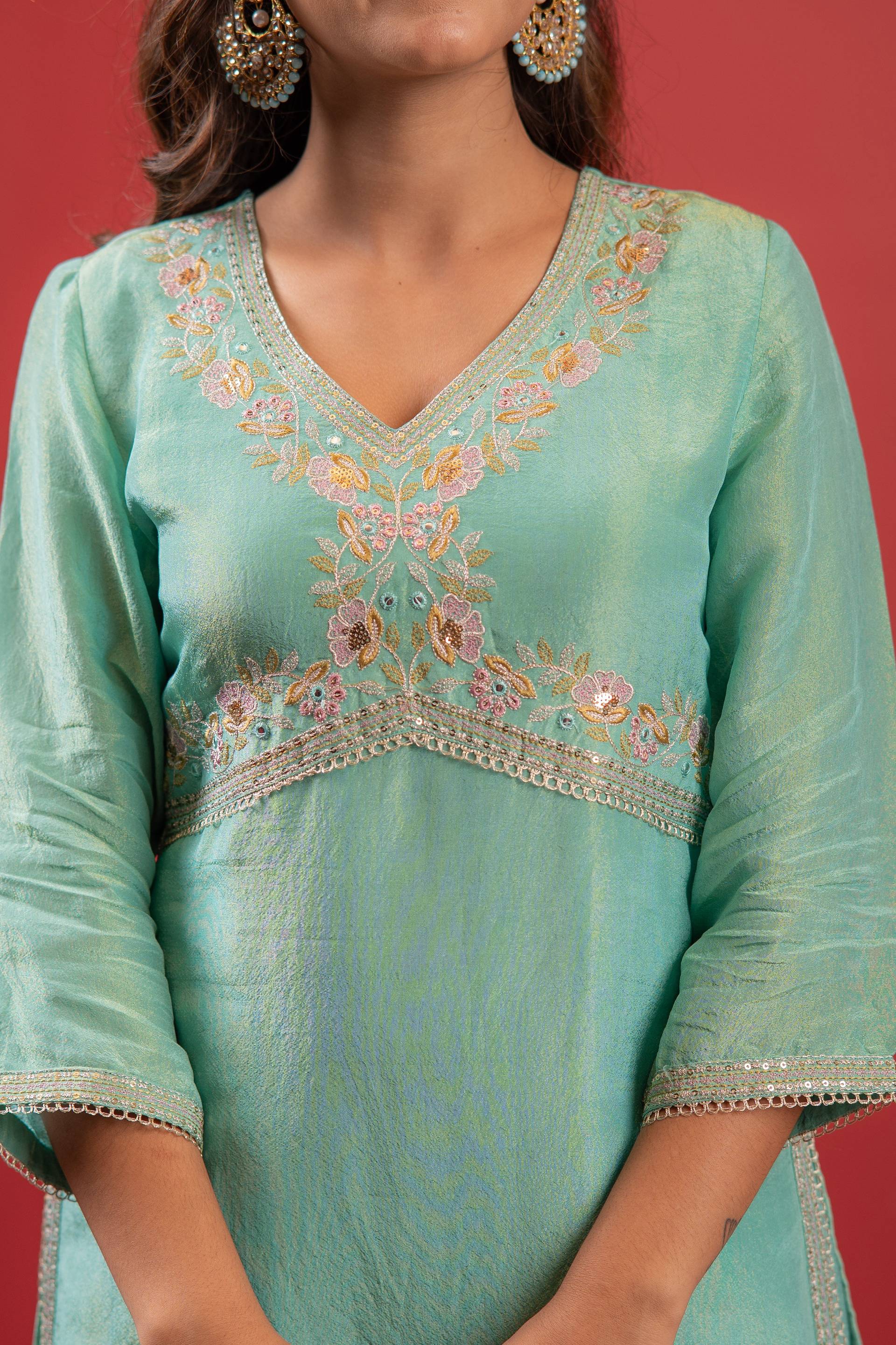 Juniper Sky Blue Nylon Kurta Sharara And Dupatta Set With Zari, Mirror, Thread & Sequin Embroidery