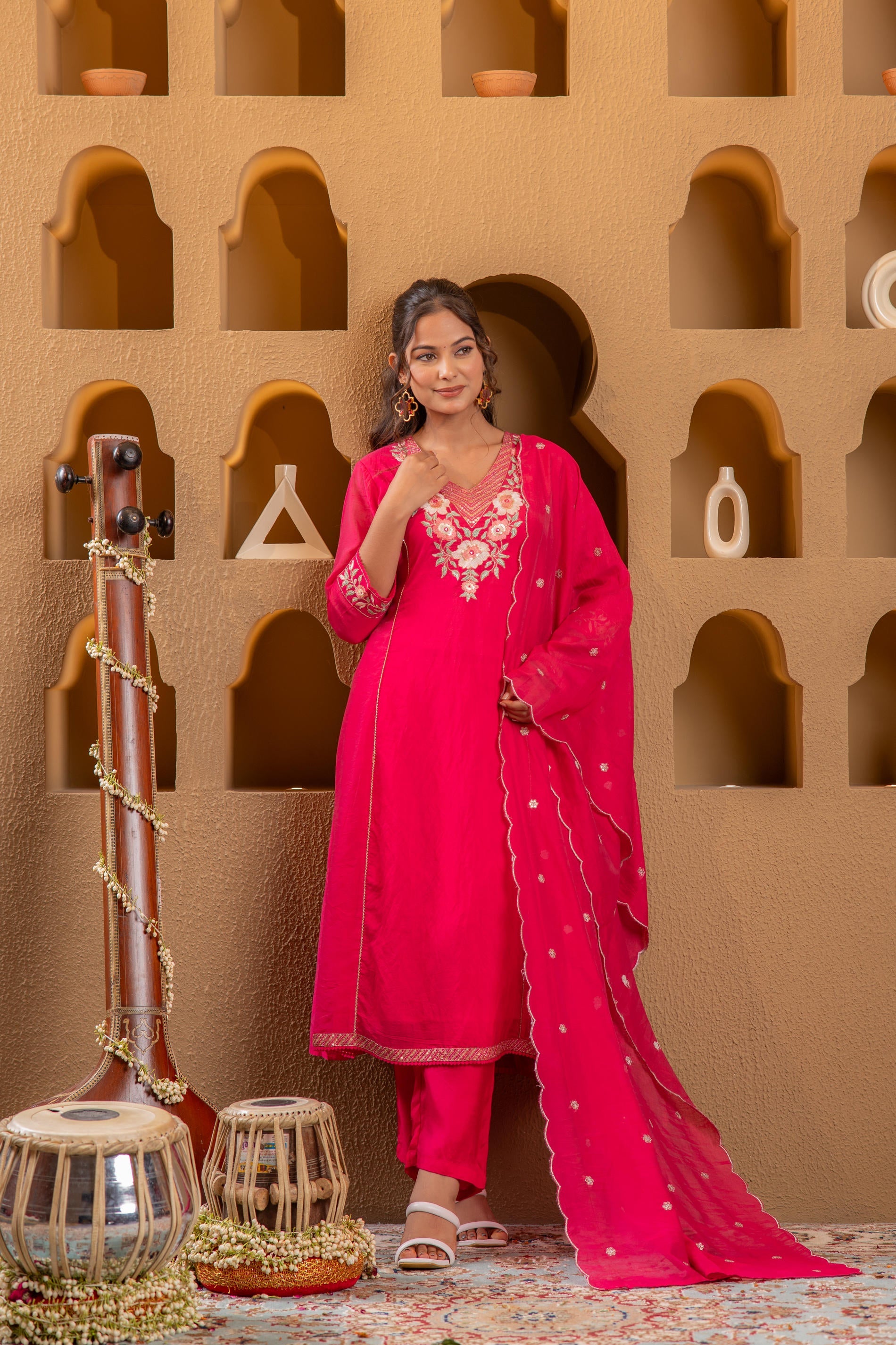 Juniper Fuchsia Floral Embroidered Kurta Set With Scallop Dupatta