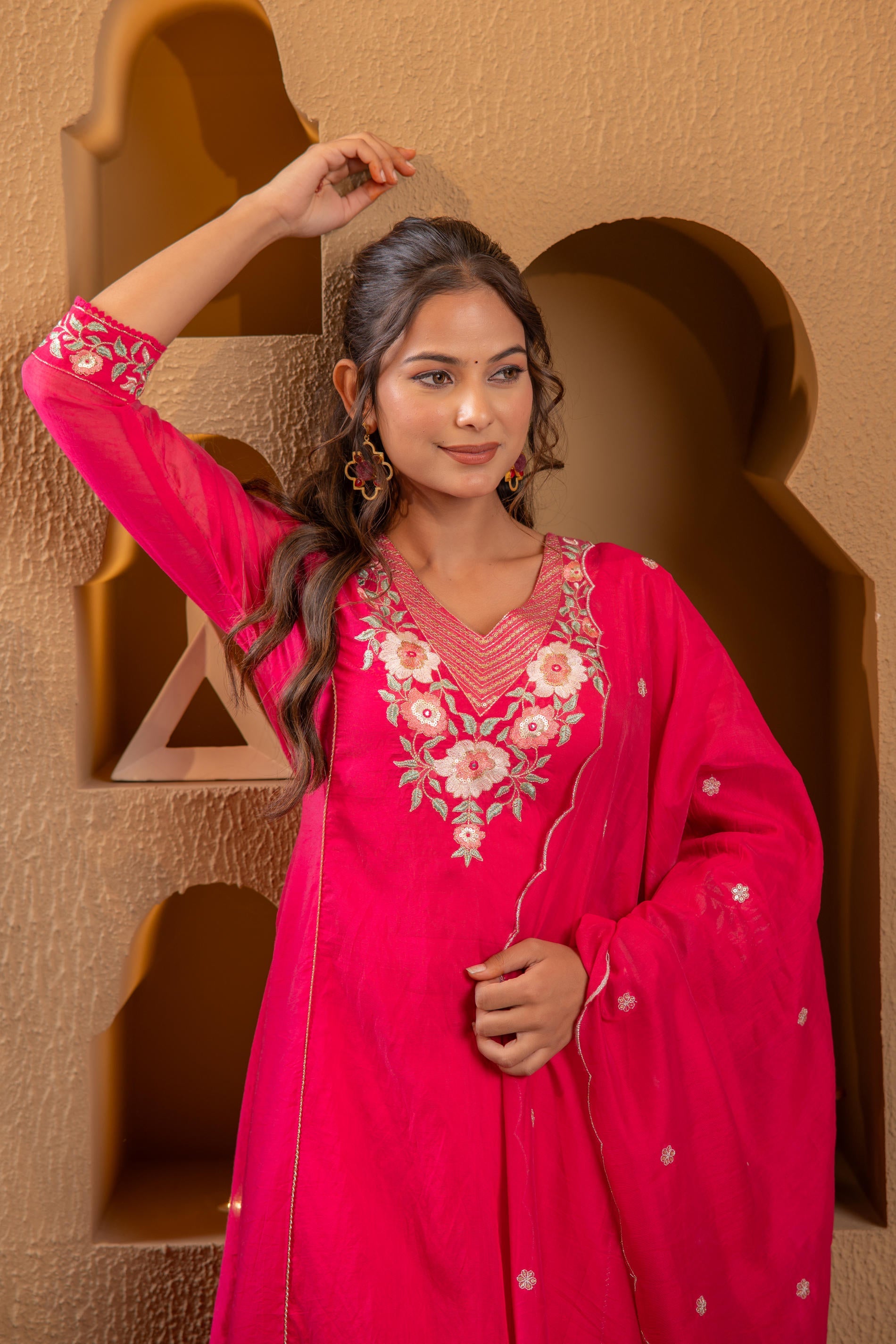 Juniper Fuchsia Floral Embroidered Kurta Set With Scallop Dupatta