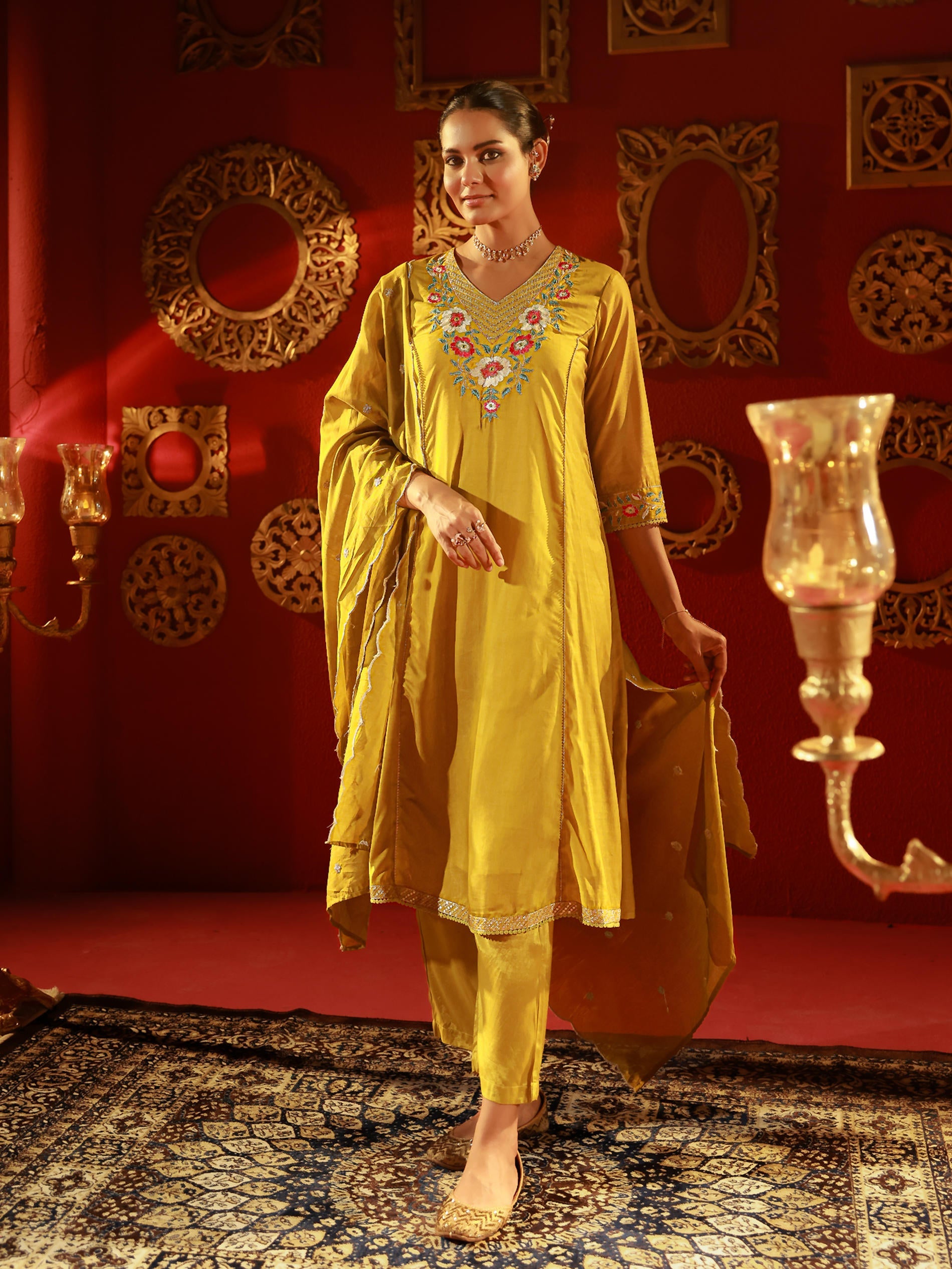 Juniper Mustard Viscose Flared Kurta With Pants & Dupatta Set With Thread & Zari Work