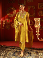Thumbnail for Juniper Mustard Viscose Flared Kurta With Pants & Dupatta Set With Thread & Zari Work