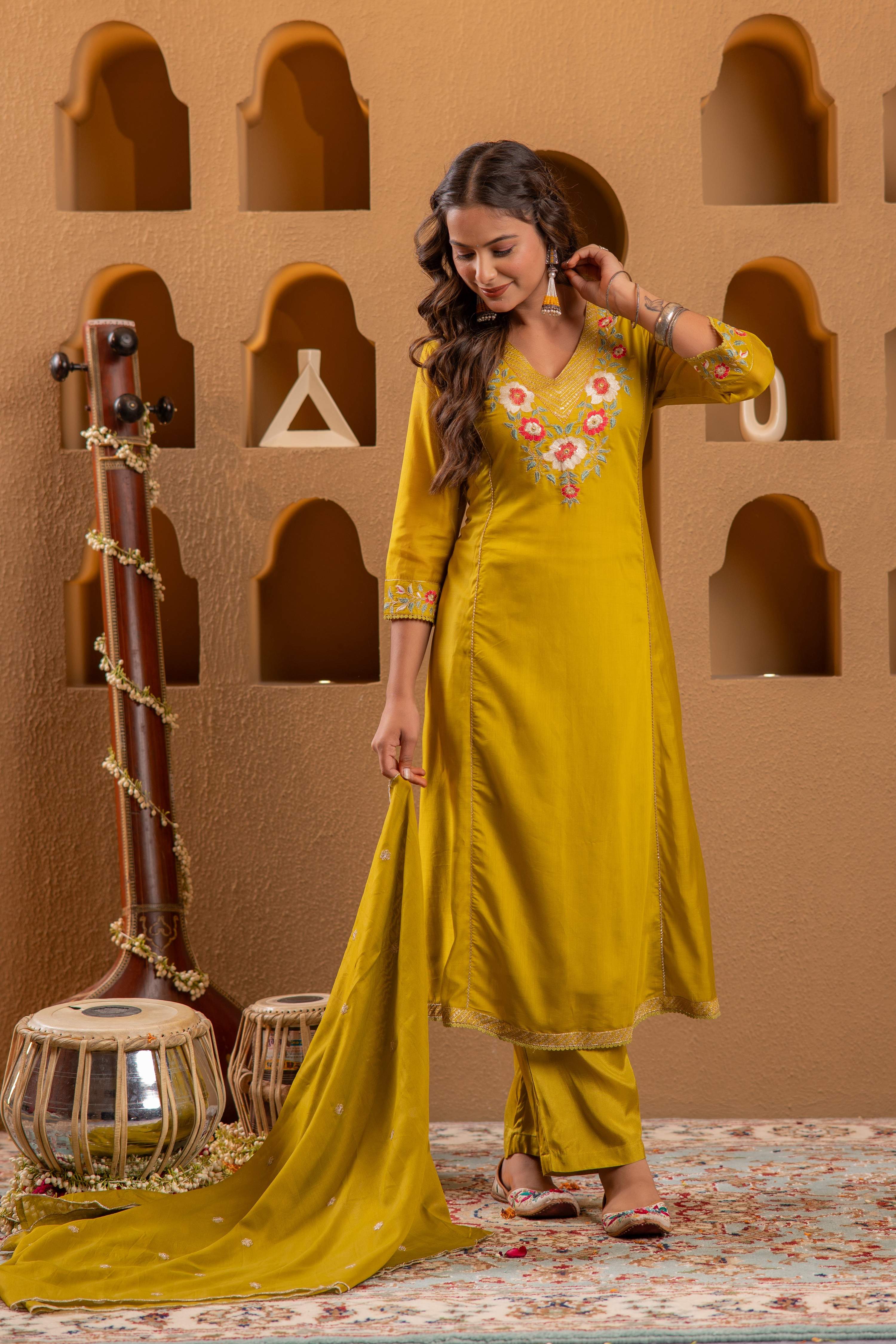 Juniper Mustard Viscose Flared Kurta With Pants & Dupatta Set With Thread & Zari Work - Distacart