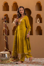Thumbnail for Juniper Mustard Viscose Flared Kurta With Pants & Dupatta Set With Thread & Zari Work