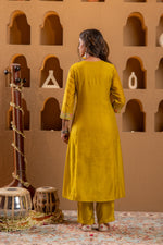 Thumbnail for Juniper Mustard Viscose Flared Kurta With Pants & Dupatta Set With Thread & Zari Work