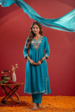 Thumbnail for Juniper Turquoise Floral Embroidered Kurta Set With Scallop Dupatta