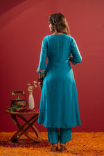 Thumbnail for Juniper Turquoise Floral Embroidered Kurta Set With Scallop Dupatta