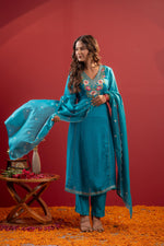 Thumbnail for Juniper Turquoise Floral Embroidered Kurta Set With Scallop Dupatta