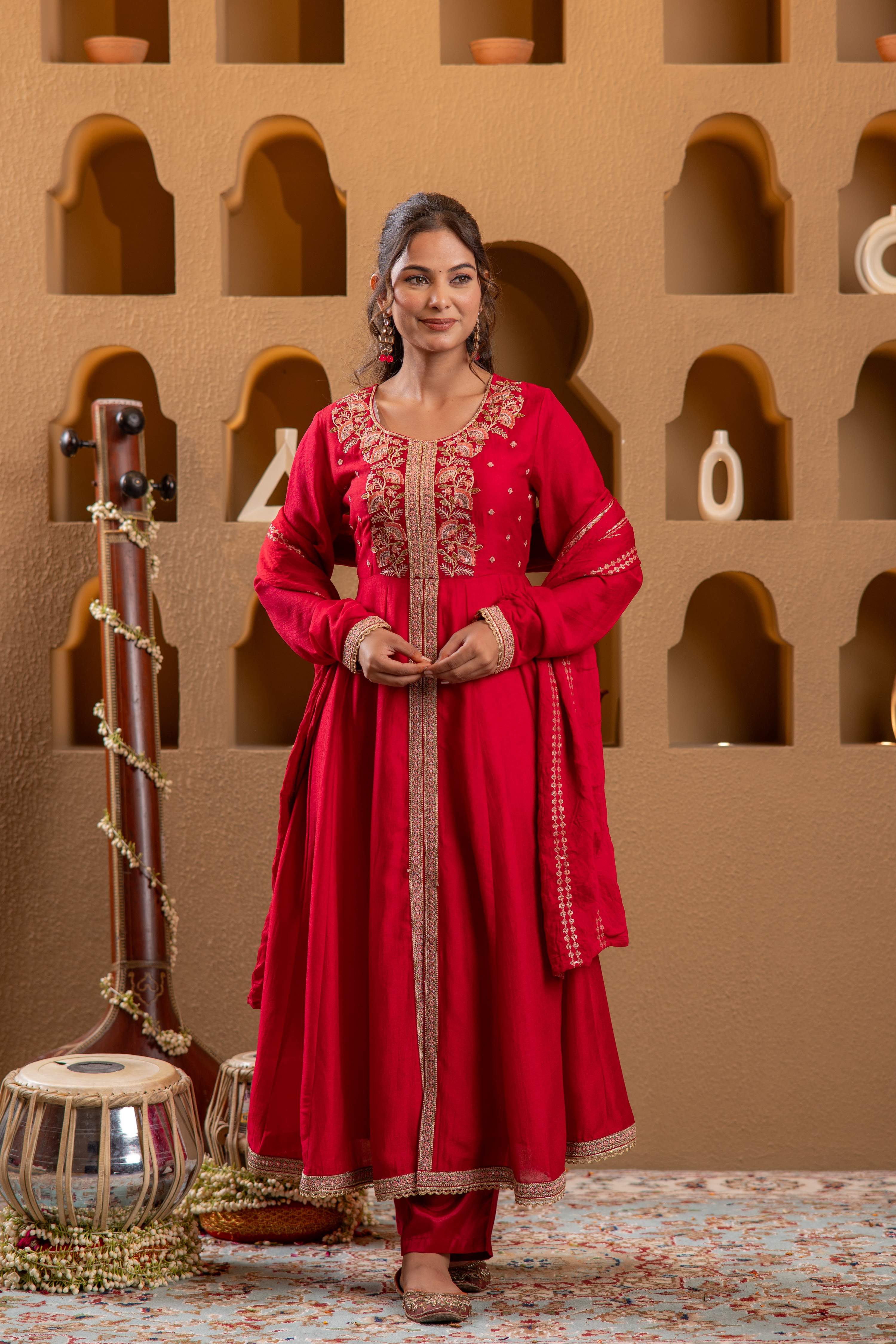 Juniper Red Man Made Fiber Flared Anarkali Kurta Pant And Dupatta Set With Zari, Mirror, Thread & Sequin Work
