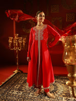 Thumbnail for Juniper Red Man Made Fiber Flared Anarkali Kurta Pant And Dupatta Set With Zari, Mirror, Thread & Sequin Work