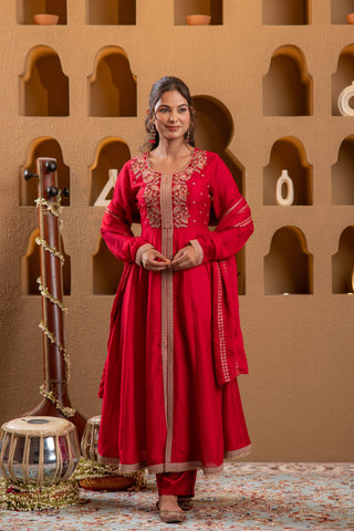 Juniper Red Man Made Fiber Flared Anarkali Kurta Pant And Dupatta Set With Zari, Mirror, Thread & Sequin Work