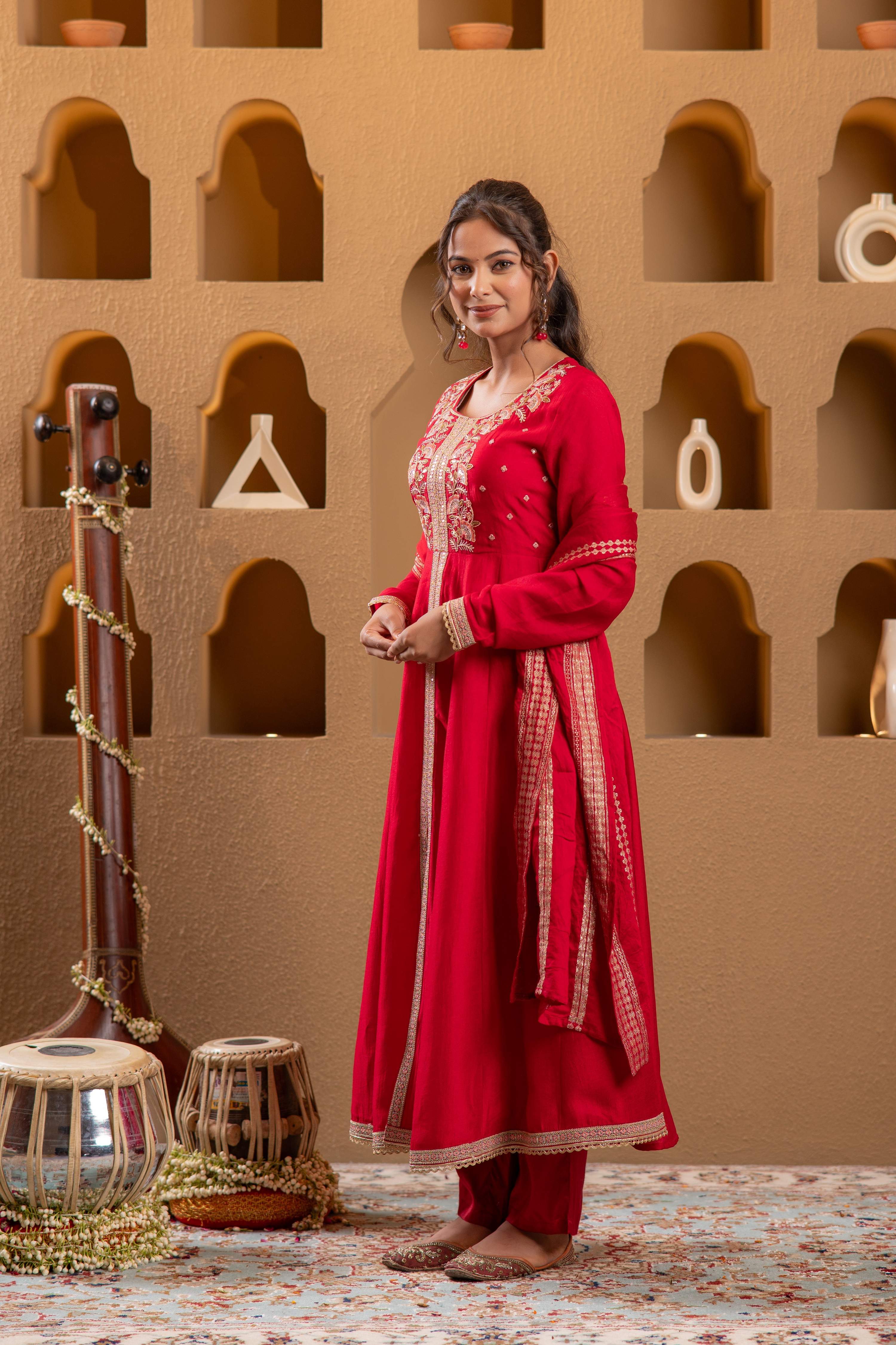 Juniper Red Man Made Fiber Flared Anarkali Kurta Pant And Dupatta Set With Zari, Mirror, Thread & Sequin Work