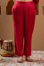 Thumbnail for Juniper Red Man Made Fiber Flared Anarkali Kurta Pant And Dupatta Set With Zari, Mirror, Thread & Sequin Work