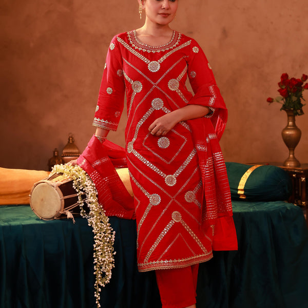 Juniper Magenta Viscose Straight Kurta Pant And Dupatta Set With Gota Patti & Sequence Work