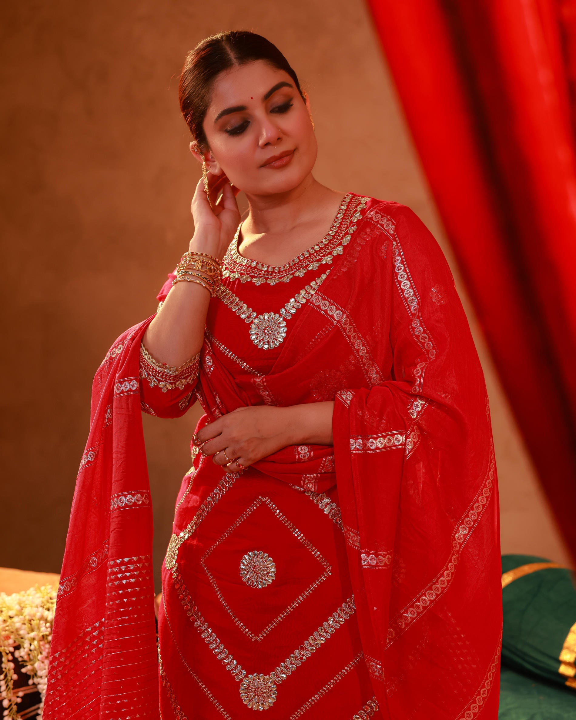 Juniper Magenta Viscose Straight Kurta Pant And Dupatta Set With Gota Patti & Sequence Work