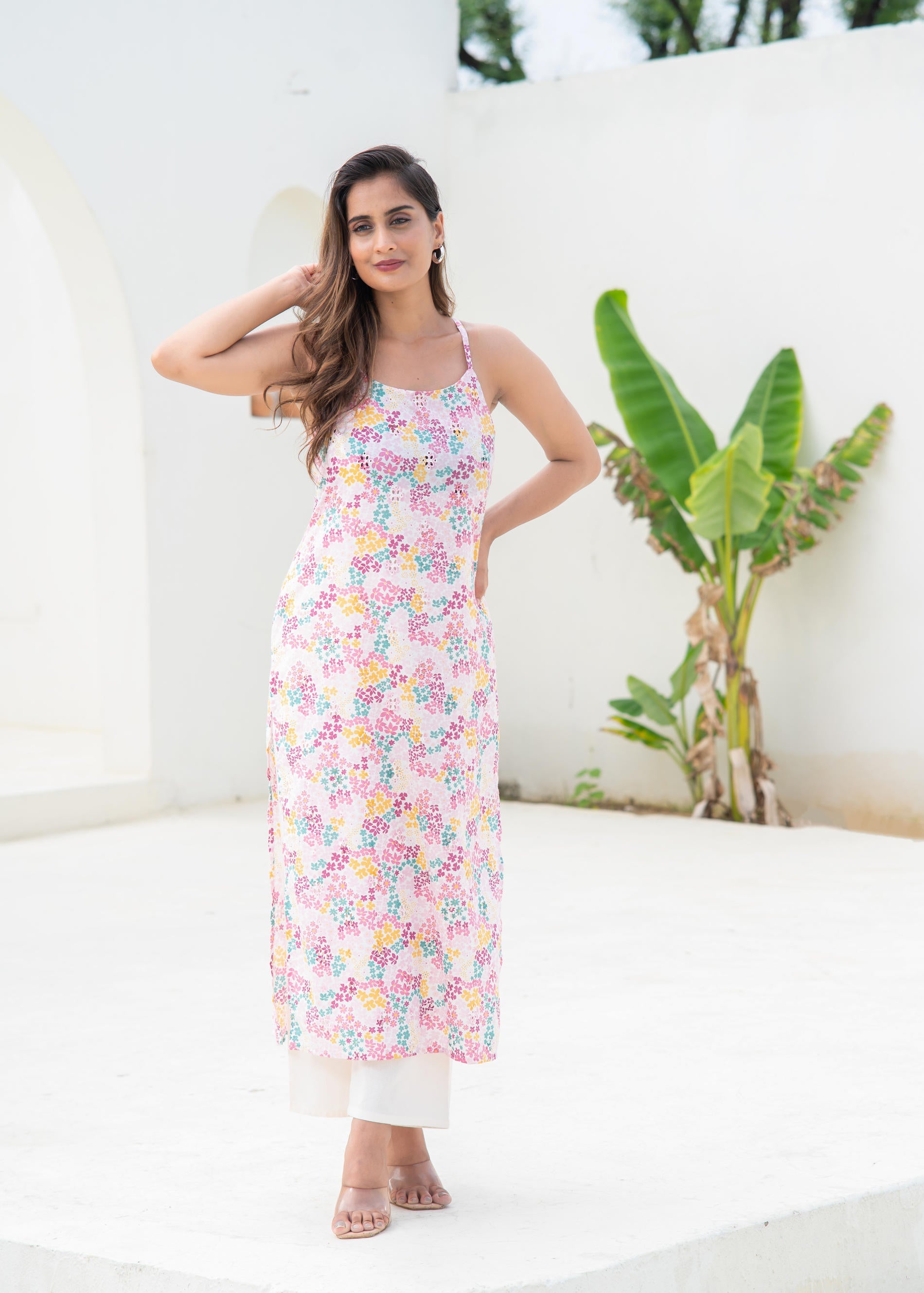 Juniper Pink Floral Printed Sleeveless Cotton Kurta
