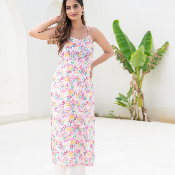 Juniper Pink Floral Printed Sleeveless Cotton Kurta