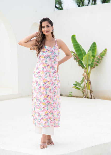 Juniper Pink Floral Printed Sleeveless Cotton Kurta