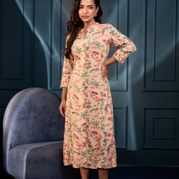 Juniper Peach Floral Printed Button-Down Viscose A-Line Kurta
