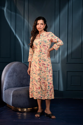 Juniper Peach Floral Printed Button-Down Viscose A-Line Kurta