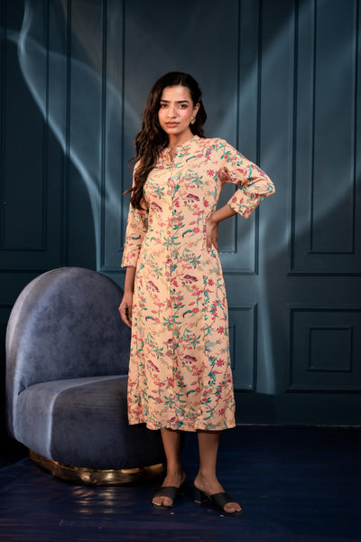 Juniper Peach Floral Printed Button-Down Viscose A-Line Kurta