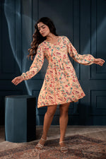 Thumbnail for Juniper Floral Peach Printed Fit & Flare Viscose Dress With Full Sleeves
