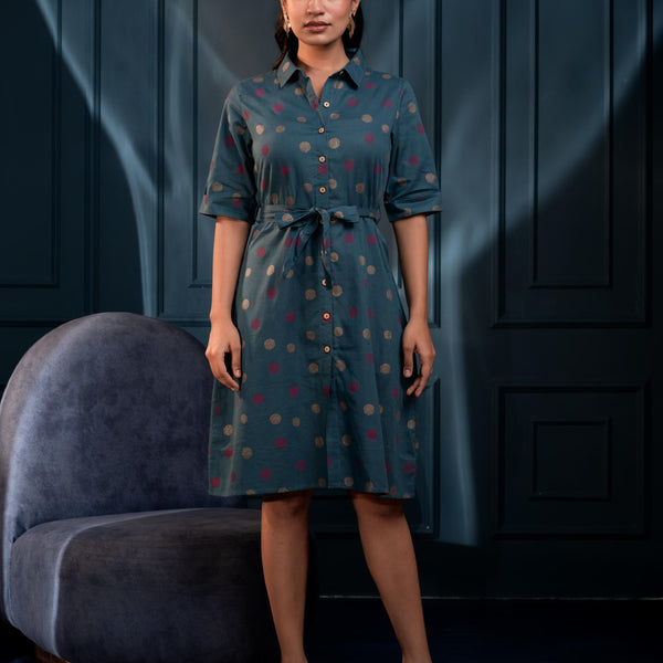 Juniper Teal Polka Dot Button Down Viscose Mini Shirt Dress With Belt