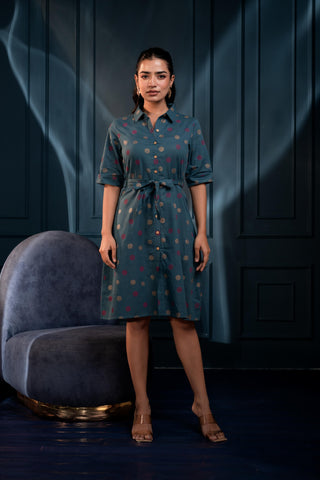 Juniper Teal Polka Dot Button Down Viscose Mini Shirt Dress With Belt