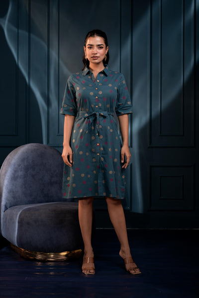 Juniper Teal Polka Dot Button Down Viscose Mini Shirt Dress With Belt
