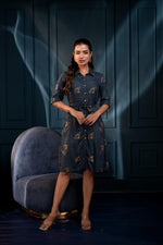 Thumbnail for Juniper Teal Zig Zag Print Button Down Cotton Shirt Dress With Belt