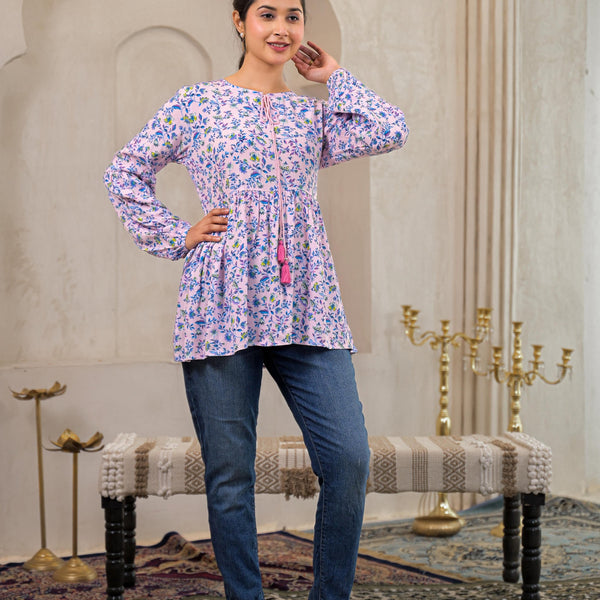 Juniper Baby Pink & Blue Floral Printed Viscose Gathread Tunic With Dori Tie