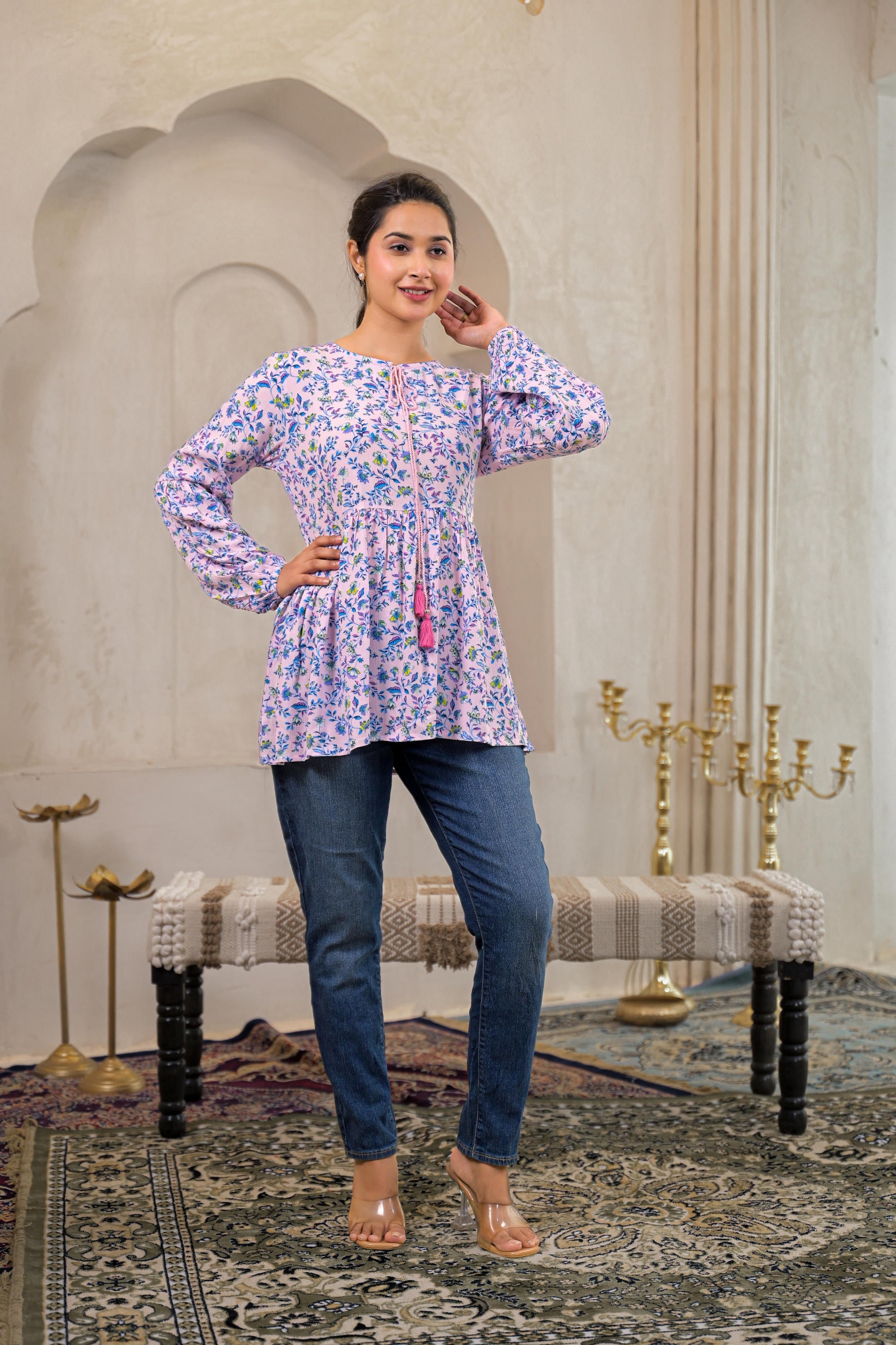 Juniper Baby Pink & Blue Floral Printed Viscose Gathread Tunic With Dori Tie - Distacart