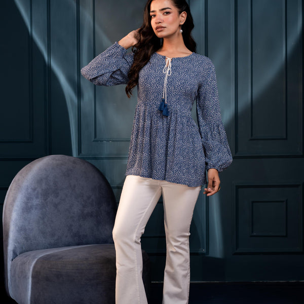 Juniper Blue Floral Printed Viscose Gathread Tunic With Dori Tie