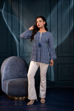 Thumbnail for Juniper Blue Floral Printed Viscose Gathread Tunic With Dori Tie