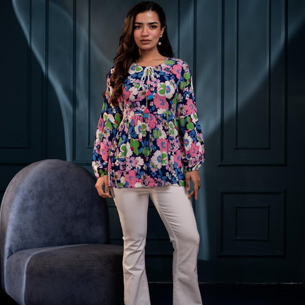 Juniper Multi Floral Printed Viscose Gathread Tunic With Dori Tie