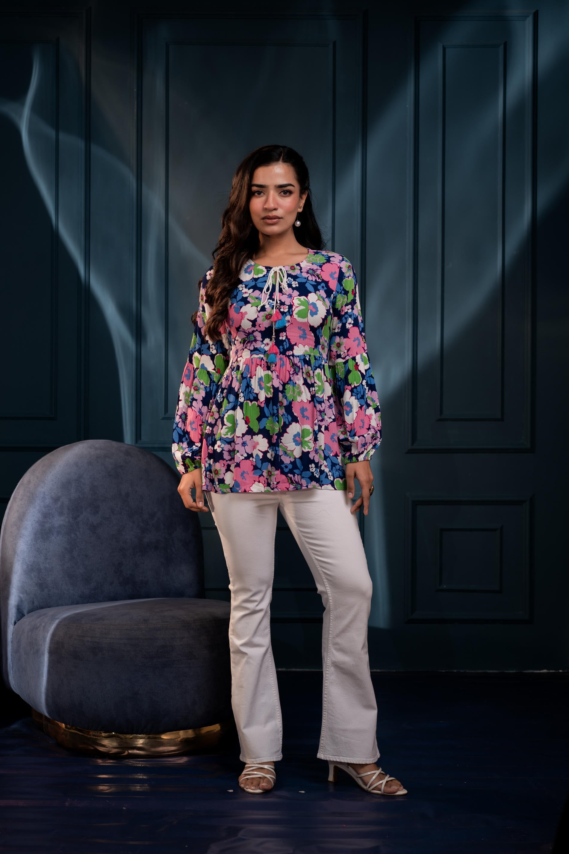 Juniper Multi Floral Printed Viscose Gathread Tunic With Dori Tie - Distacart