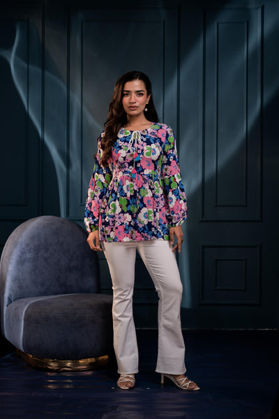 Juniper Multi Floral Printed Viscose Gathread Tunic With Dori Tie