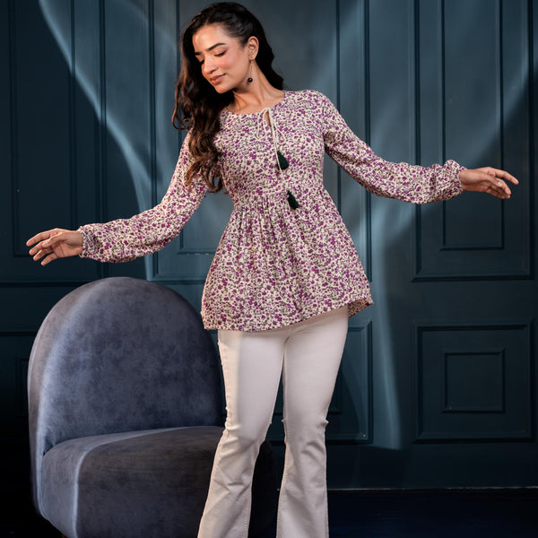 Juniper Purple Floral Printed Viscose Gathread Tunic With Dori Tie