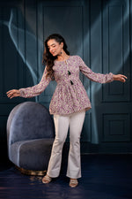 Thumbnail for Juniper Purple Floral Printed Viscose Gathread Tunic With Dori Tie