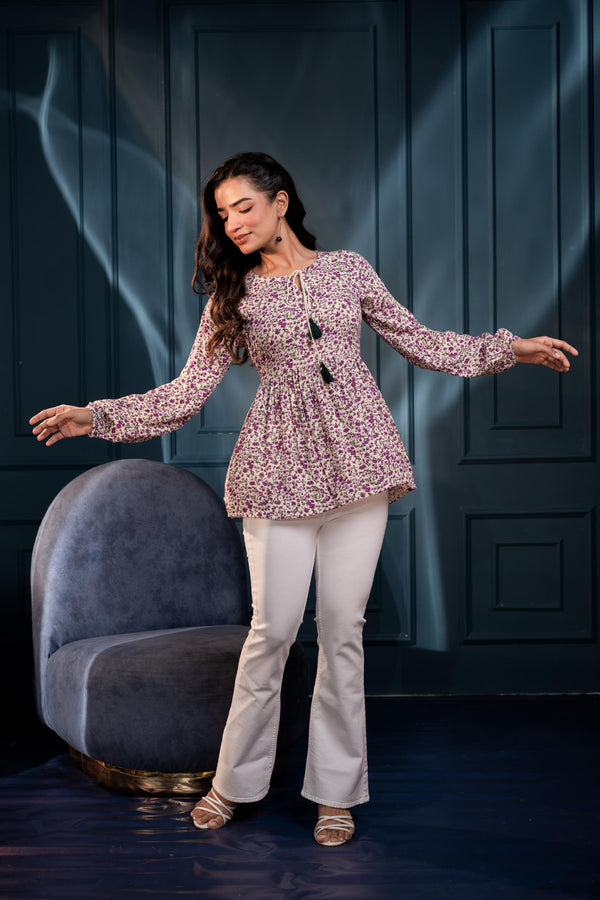 Juniper Purple Floral Printed Viscose Gathread Tunic With Dori Tie