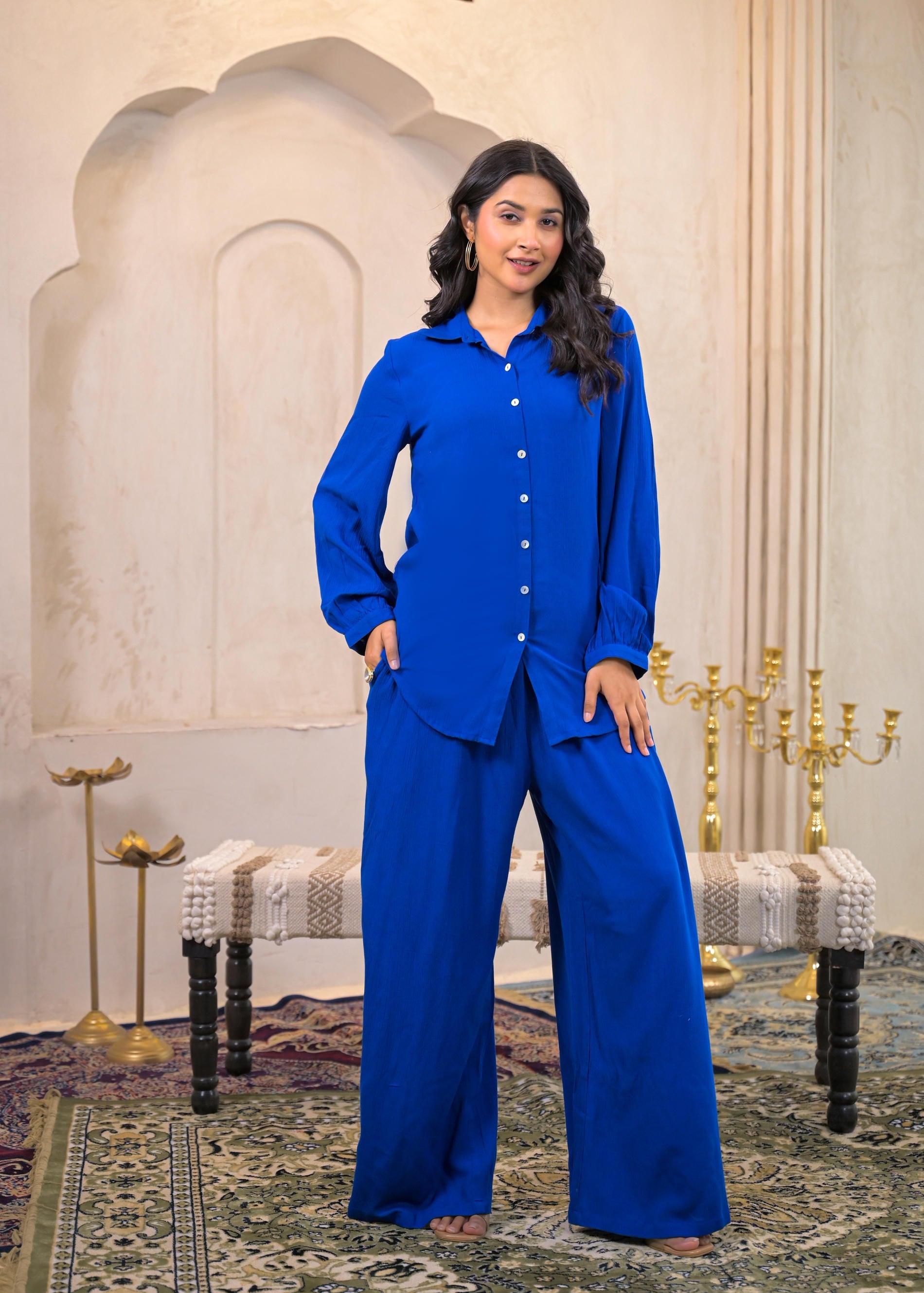 Juniper Royal Blue Viscose Co-Ord Set – Shirt & Palazzo With Parsley Waistband