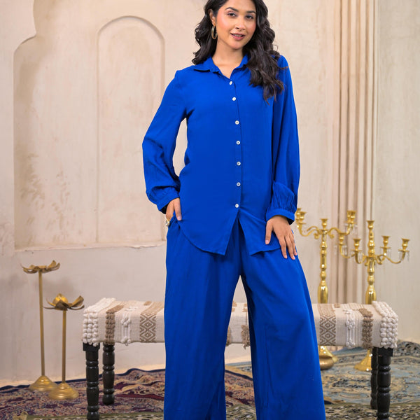 Juniper Royal Blue Viscose Co-Ord Set – Shirt & Palazzo With Parsley Waistband