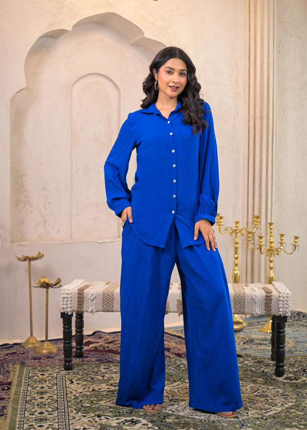 Juniper Royal Blue Viscose Co-Ord Set – Shirt & Palazzo With Parsley Waistband