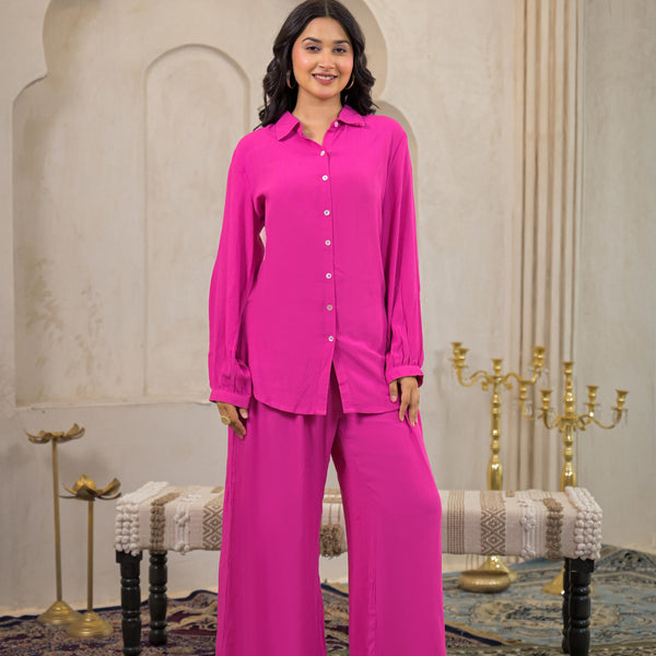 Juniper Pink Viscose Co-Ord Set – Shirt & Palazzo With Parsley Waistband