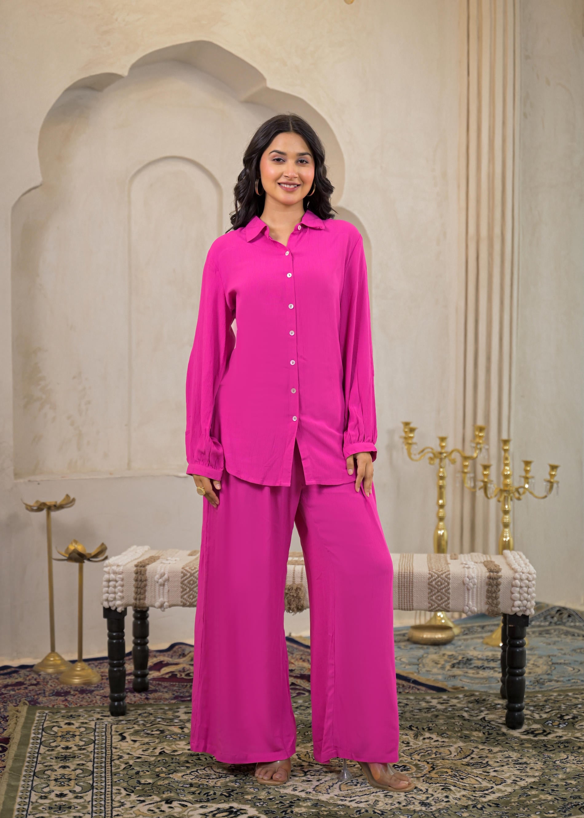 Juniper Pink Viscose Co-Ord Set – Shirt & Palazzo With Parsley Waistband