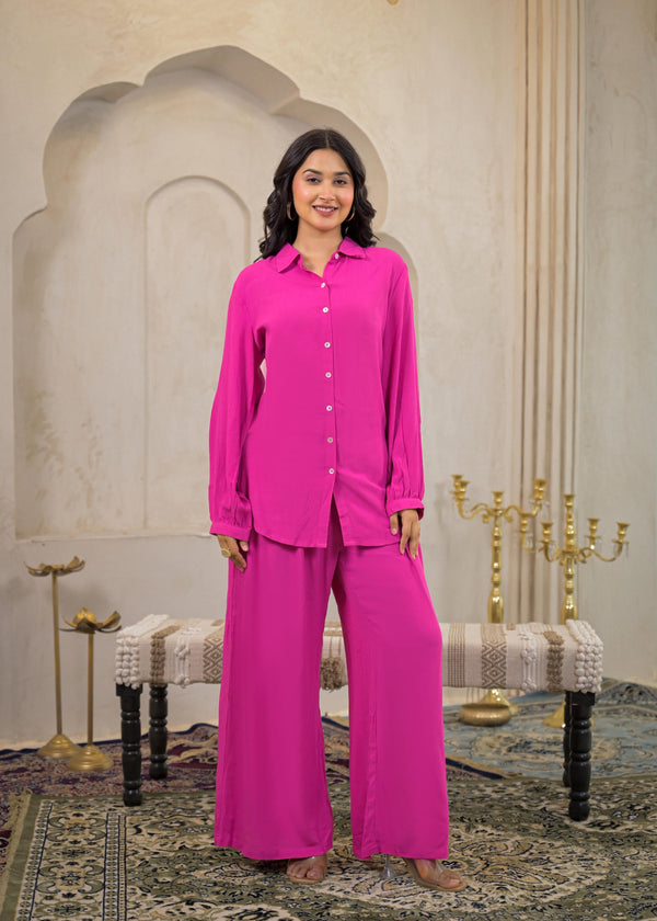 Juniper Pink Viscose Co-Ord Set – Shirt & Palazzo With Parsley Waistband
