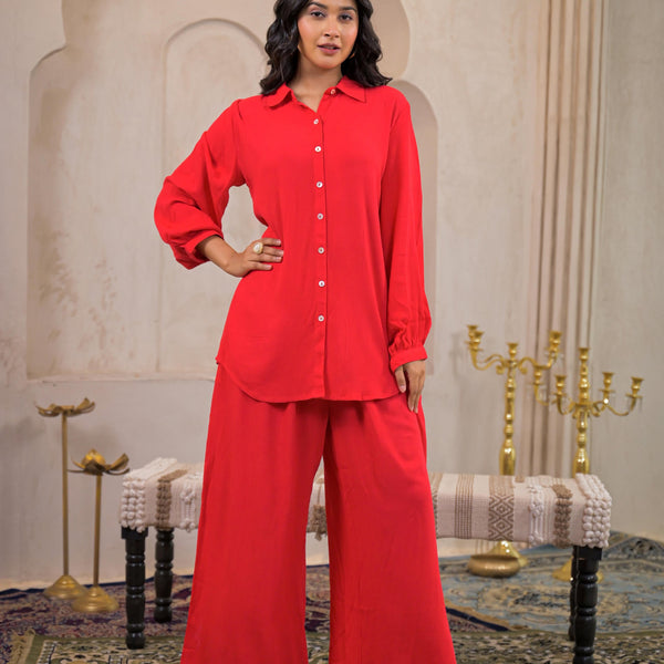 Juniper Red Viscose Co-Ord Set – Shirt & Palazzo With Parsley Waistband