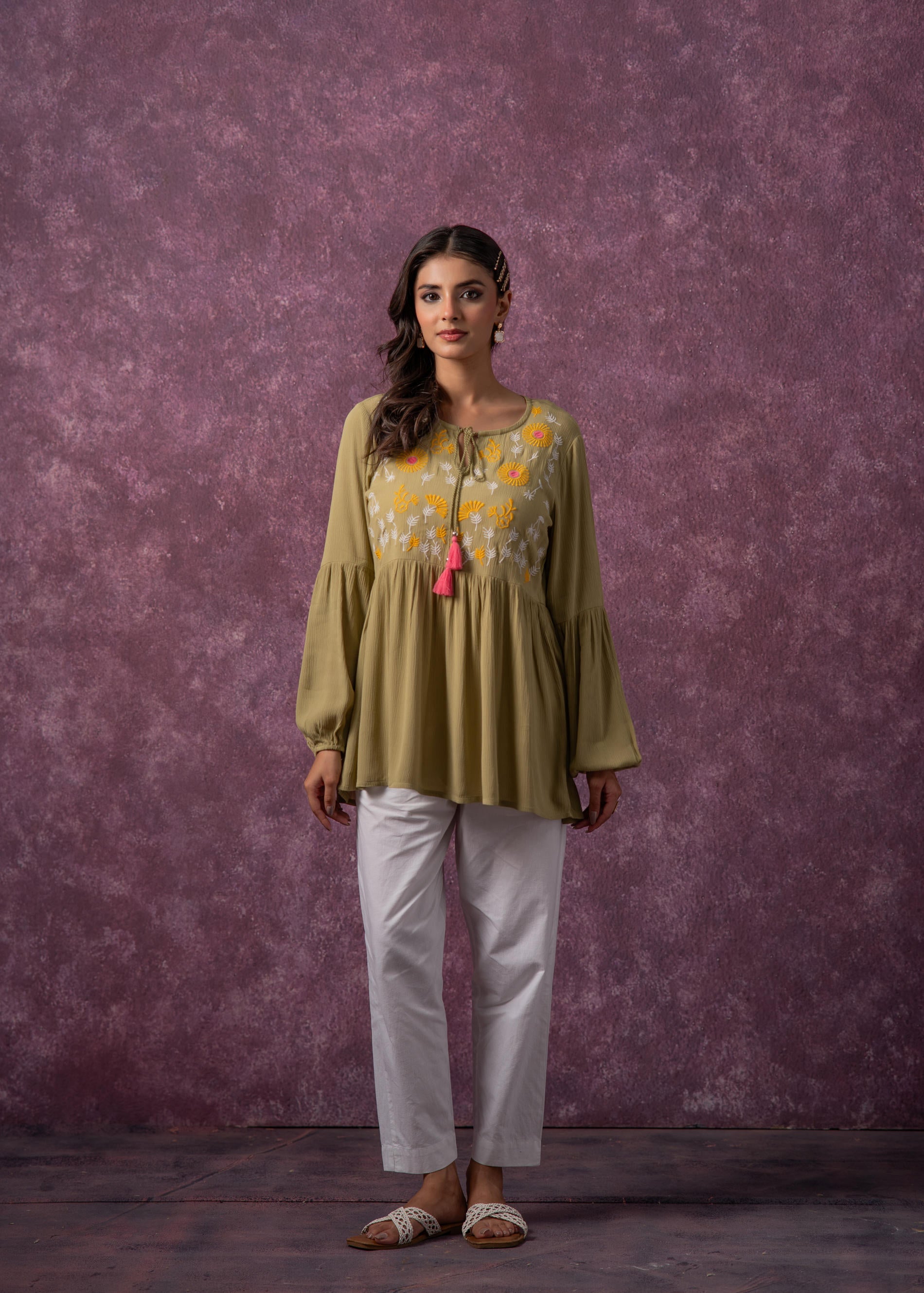 Juniper Women'S Green, Mustard & White Embroidered Viscose Tunic With Dori And Tassels