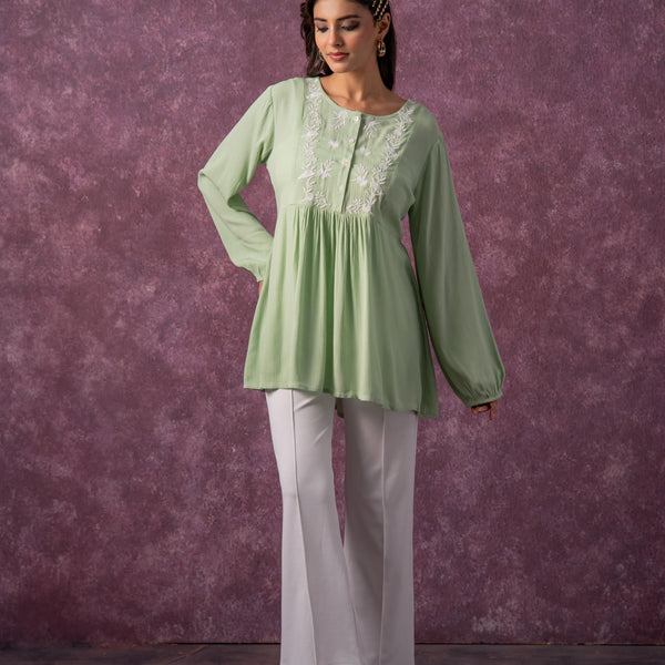 Juniper Women'S Mint & White Embroidered Viscose Tunic With Thread Work And Buttons